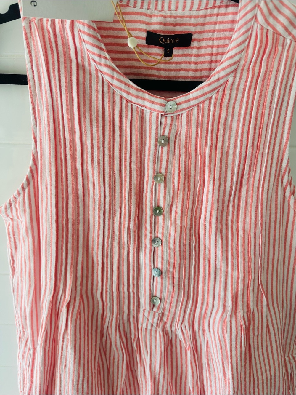 Quince Sleeveless Summer Pink Stripe Pleated Button-Front 💯 Organic Cotton Dress - Picture 7 of 7